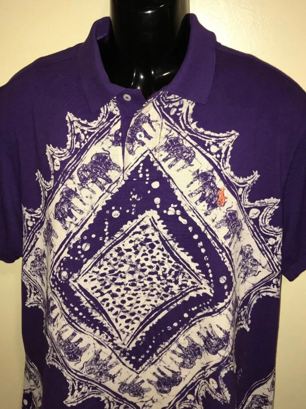 Men's Vintage Polo Ralph Lauren Aztec Elephant AOP Polo Shirt-Size XL(Custom Fit